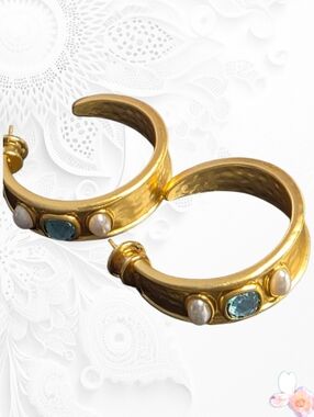 Julie Vos Gold Hoop Earrings Blue Stone Pearl Accents Designer Statement